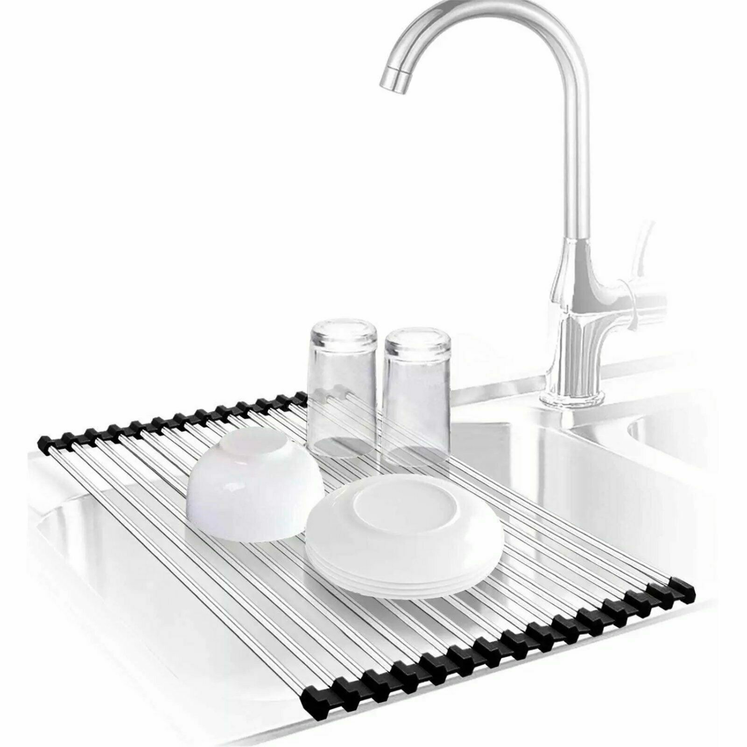 Roll Up Dish Drying Rack Stretchable Stainless Steel Over The Sink Dish Rack Multifunctional Foldable Over Sink Rack with Utensil Holder for Kitchen