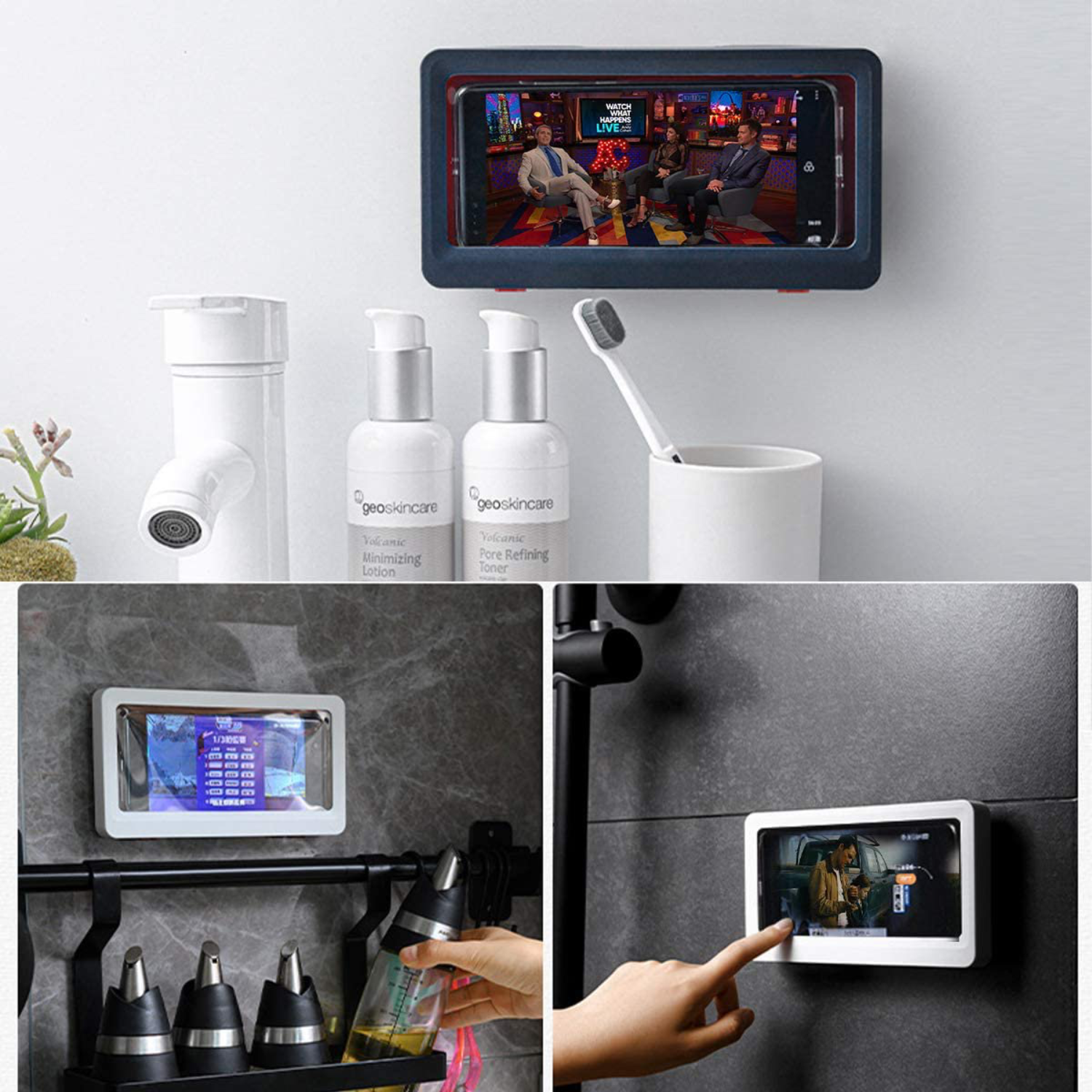 Wall Mounted Phone Box Waterproof Touch Screen Case Mobile Phone Holder Kitchen Bathroom Phone Shell Shower Sealing Storage Box